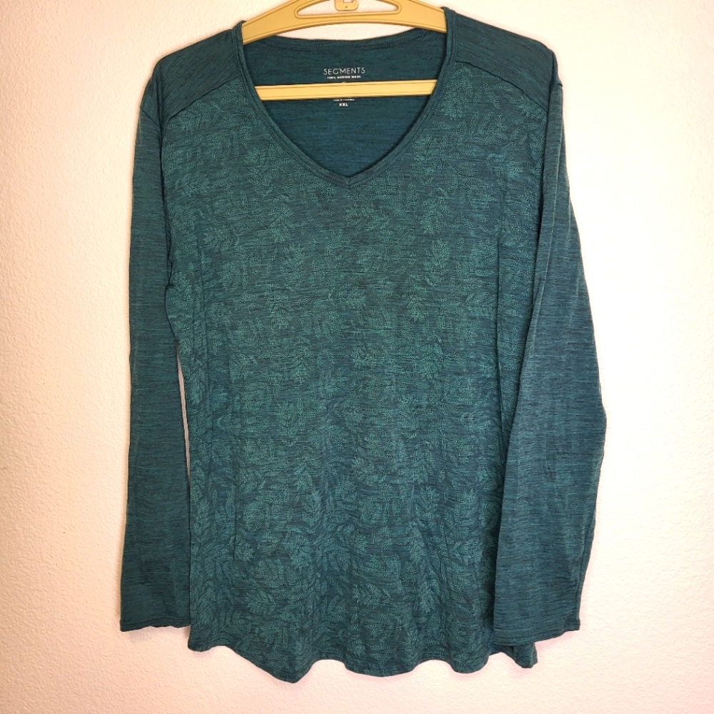 Seg'Ments Women's Teal Green Leaf Print Merino Wool Shirt size XXLarge